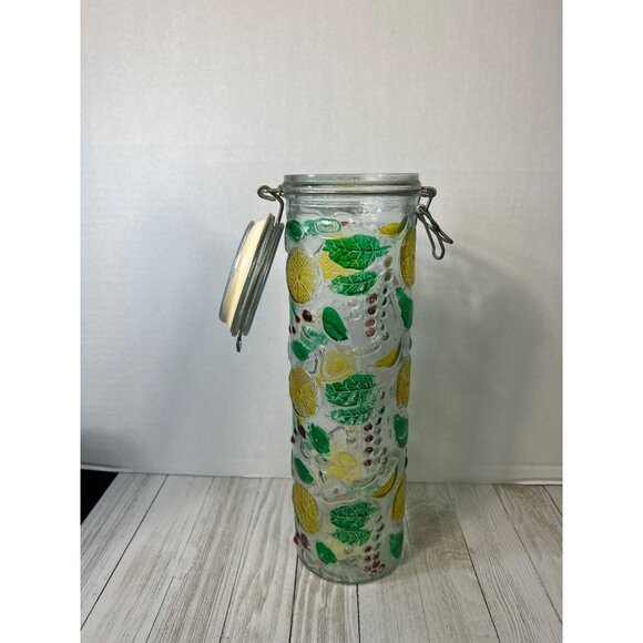 Vintage Canister Jar Storage Glass Fruit Embossed Wire Bale Lid - Set Of 3 - Picture 2 of 10